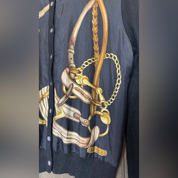 Lauren Ralph Lauren silk & cashmere equestrian print cardigan black - Picture 4 of 8